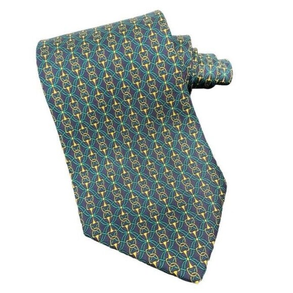 BALENCIAGA 100% Silk Necktie Lux Tie Horse Bit Classic Green Gold Classy Vintage - Picture 1 of 8